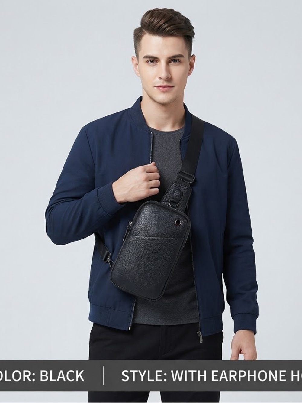 Men's Black Leather Crossbody Sling Bag with Earphone Port